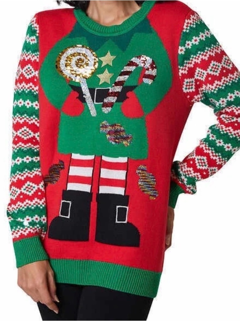To Be Jolly Womens XXL Holiday Sweater Sequin Candy Elf Metallic Stars Crew Neck